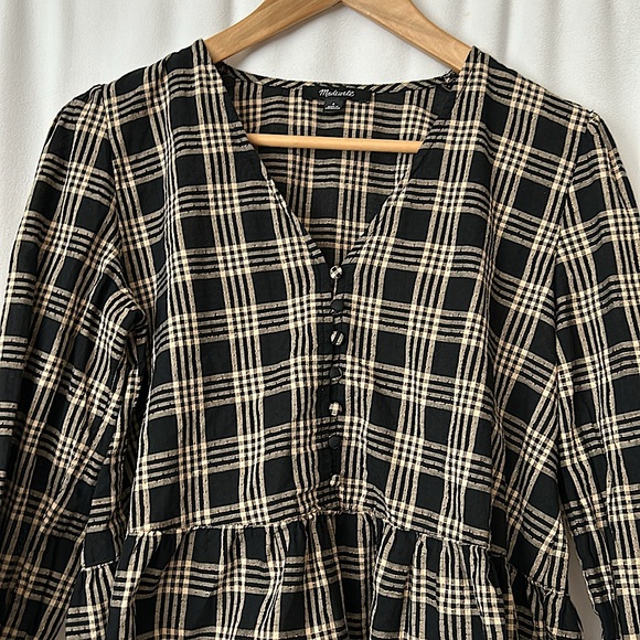 Madewell Black/Beige Checkered Long Sleeve Babydoll Shirt Top **Size S**🌸🌸 - Picture 3 of 4